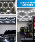 Hexagon LED Garage Lighting Kit With 24 LED Light Bars, 24,000 Lumens, 5 Hex Panels, Dimmable With Remote setup in various environments