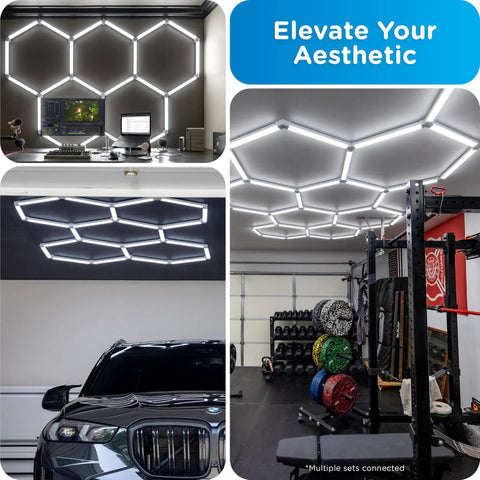 Hexagon LED Garage Lighting Kit With 24 LED Light Bars, 24,000 Lumens, 5 Hex Panels, Dimmable With Remote setup in various environments