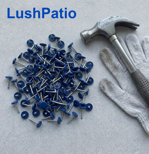 Legit Heavy Duty Plastic Cap Roofing Nails 1 1/4 Inch Electro Galvanized Shingle Fasteners With Smooth Flush Look Hella Tough For Fixin Up Roofs Or Decks In Bulk 500 Piece Box with hammer and gloves.