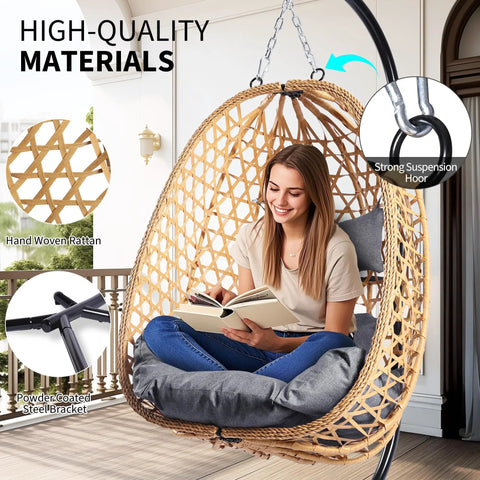 Egg Chair With Stand Outdoor Patio Wicker Swing Chair For Balcony Garden Cozy Lounge 350 Lbs Capacity Cushioned Ergonomic Design With Thick Cushion For All Day Comfort Weatherproof Frame Easy To Assemble