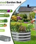 Galvanized Oval Raised Garden Bed 8x4x1ft Two Pack Outdoor Planter Box Kit with flowers and herbs in a backyard setting.