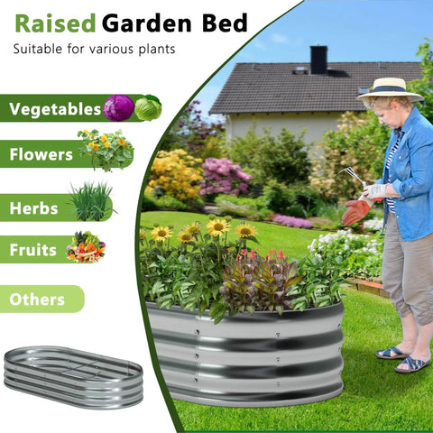 Galvanized Oval Raised Garden Bed 8x4x1ft Two Pack Outdoor Planter Box Kit with flowers and herbs in a backyard setting.