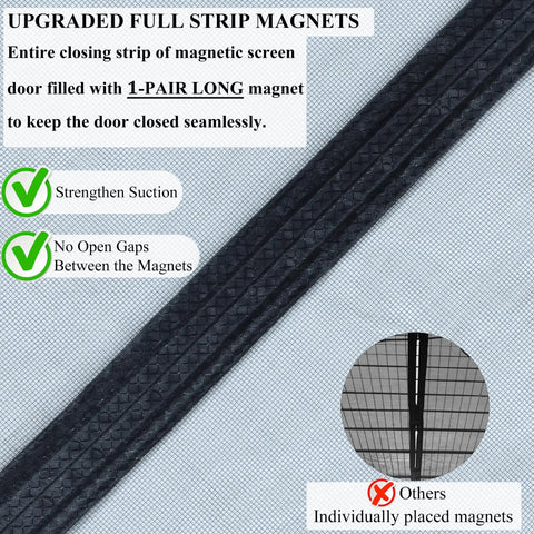 Upgraded Magnetic Screen Door With Full Strip Magnets 74x81 Inch heavy-duty fiberglass mesh detailing