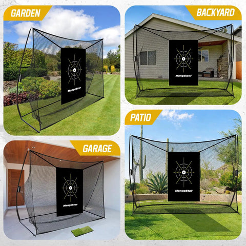 Heavy Duty 10x7ft Golf Practice Net For Backyard Driving, Real Golf Balls, Includes Target Cloth And Carry Bag, Indoor Outdoor Hitting Training Set displayed in garden, patio, garage, backyard scenes.