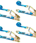 Image showing Heavy Duty 2 Inch Ratchet Straps 18 Feet Long Set Of 4 With J Hooks Blue Weather Resistant Webbing Beefed Up Tie Downs 3333 Lbs Working Load Limit Durable Construction For Heavy Hauls.