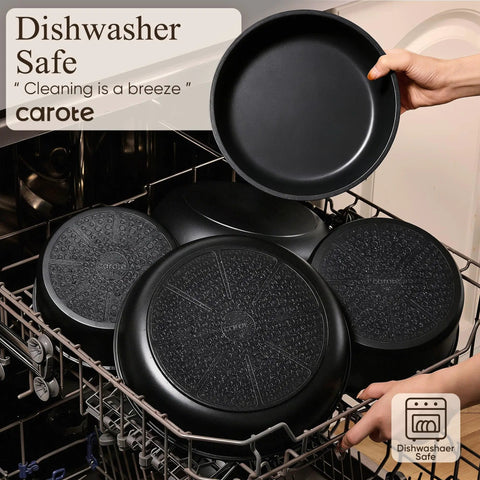Detachable Handle 19 Piece Nonstick Cookware Set For Induction Cooktops in dishwasher showcasing stackable pans