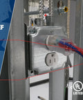 Close-up of Heavy Duty Outdoor Indoor Extension Cord 100 Foot 12/3 SJTW connected to an outlet, showing red jacket and UL certification.