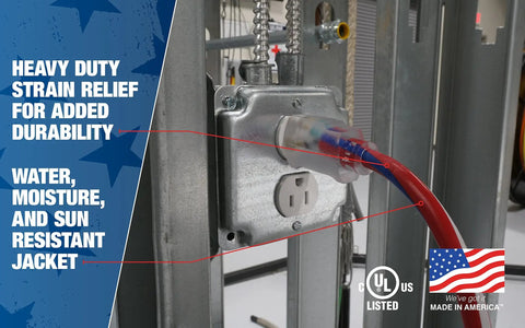 Close-up of Heavy Duty Outdoor Indoor Extension Cord 100 Foot 12/3 SJTW connected to an outlet, showing red jacket and UL certification.