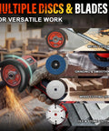 Power Through Demanding Jobs With This Heavy Duty 3 Inch Cordless Angle Grinder Featuring A Badass 21V Battery Setup And Slick Lcd Display For Hassle Free Cutting, showcasing multiple discs and blades for various materials.