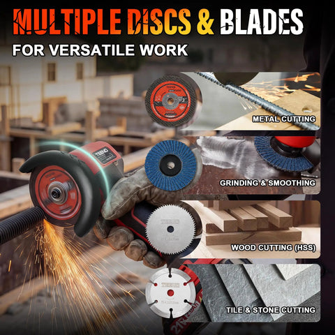 Power Through Demanding Jobs With This Heavy Duty 3 Inch Cordless Angle Grinder Featuring A Badass 21V Battery Setup And Slick Lcd Display For Hassle Free Cutting, showcasing multiple discs and blades for various materials.