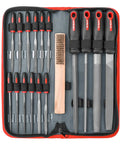 Pro Grade 17 Piece Metal Hand And Needle File Set With 12 Inch Flat, Half Round, Round And Triangle Files In Zip Case T12 Carbon Steel For Deburring Shaping Metal Wood And Plastic displayed in open case