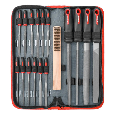 Pro Grade 17 Piece Metal Hand And Needle File Set With 12 Inch Flat, Half Round, Round And Triangle Files In Zip Case T12 Carbon Steel For Deburring Shaping Metal Wood And Plastic displayed in open case