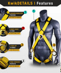 Monsoon Safety Harness With Four Heavy Duty D Rings For Full Body Fall Protection shown on a mannequin with feature details