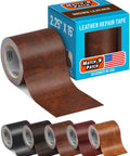 Brown Leather Repair Tape Kit 2.25 Inch By 15 Foot Realistic Faux Leather Patches in packaging with color options displayed.