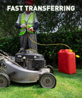 Front view of SMART JERRY siphon pump transferring gasoline from red jerry can to lawn mower; yellow hose