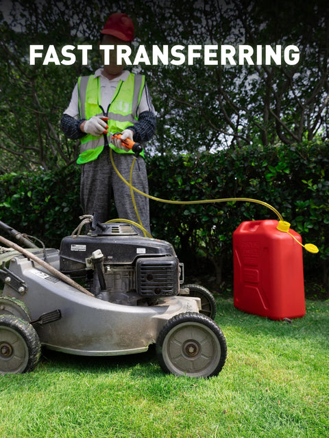 Front view of SMART JERRY siphon pump transferring gasoline from red jerry can to lawn mower; yellow hose