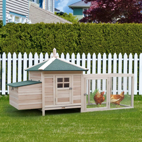 No Sweat Wooden Chicken Coop With Hinged Nesting Box And Removable Egg Tray Featuring Asphalt Roof Fir Wood Walls And Screened Ventilation Setup For Your Backyard Flocks in backyard with chickens.