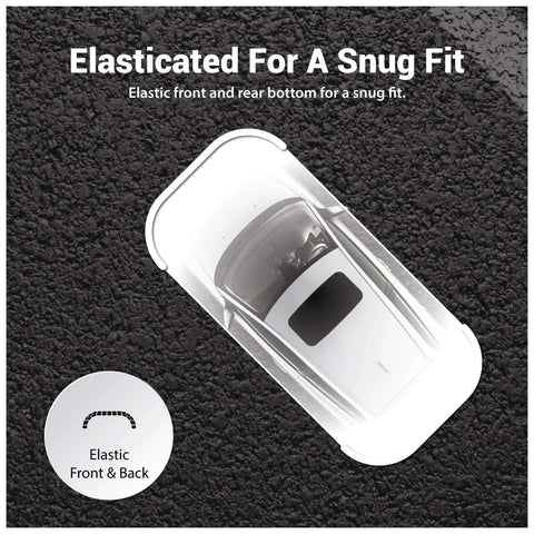 Top view of a white car covered with Universal Clear Car Cover For SUVs Sedans Sports Cars And Vintage Rides Up To 22 Feet By 12 Feet