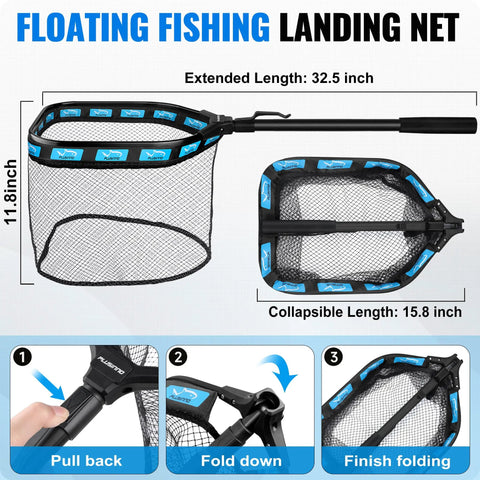 Floating fishing landing net, extended length 32.5 inches, collapsible 15.8 inches, part of All In One Fishing Kit With Rod And Reel
