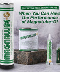 Magnalube-G all purpose PTFE grease tube, tin, and bottle on stone surface with product advantages text.