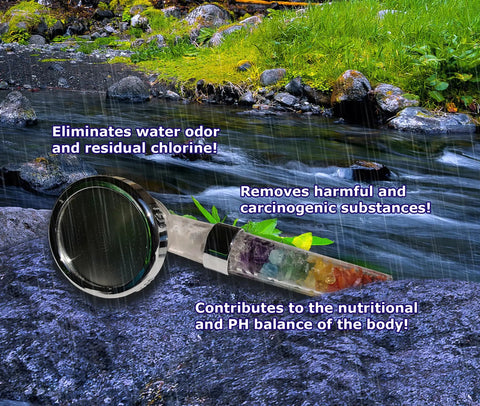 Healing Crystals Shower Head With 7 Natural Gemstones For Water Purification And PH Balance shown outdoors by a stream.