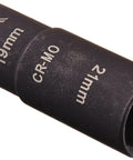 Extra Thin Wall Impact Flip Socket 19 x 21mm for Tight Spaces shown in black metal with size markings.