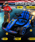 24V Dual 200W Electric Go Kart For Kids 6 To 12, Outdoor Drift Car, EVA Tires, Blue, displayed with specifications and driver