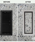 Before and after image of a Framed Floor Vent Luxe Upgrade With Matte Black Steel Frame Sleek Minimalist Look on stone surface.