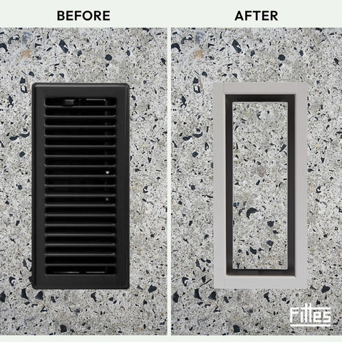 Framed Floor Vent Luxe Minimalist Steel HVAC Air Return Register Cover With Adjustable Damper Matte Black 6x10 before after