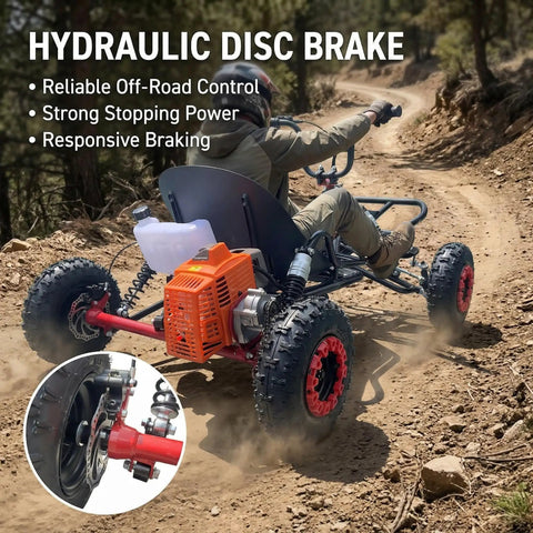 Gas Go Kart For Backyard Fun, Family Friendly Off Road Kart With 28 MPH Top Speed, 63cc EPA Compliant, hydraulic disc brakes