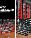 Six Piece Socket Organizer Set For SAE And Metric Sockets, Fits Quarter Inch, Three Eighths Inch, And Half Inch Drive Sockets, Red And Black Toolbox Holder For Fast Easy Access fully loaded on a workbench and pegboard for fast access.