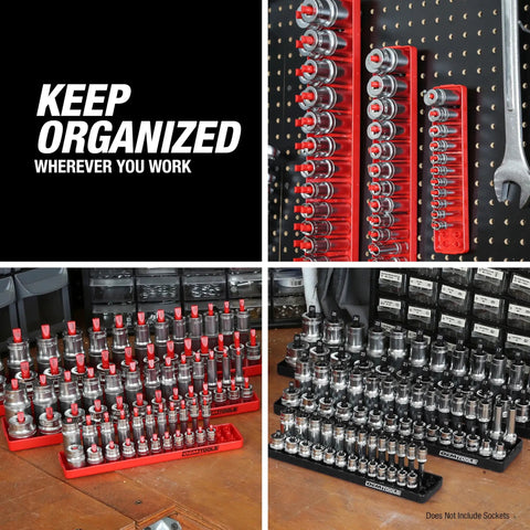 Six Piece Socket Organizer Set For SAE And Metric Sockets, Fits Quarter Inch, Three Eighths Inch, And Half Inch Drive Sockets, Red And Black Toolbox Holder For Fast Easy Access fully loaded on a workbench and pegboard for fast access.