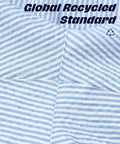 5 Inch Quick Dry Swim Trunks For Guys With Stretch Fabric And Zip Pockets Lightweight Beach Shorts With Compression Lining UPF Sun Protection 4 Way Stretch Breathable And Durable blue and white stripe fabric detail with Global Recycled Standard certification symbol