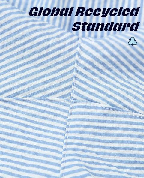 5 Inch Quick Dry Swim Trunks For Guys With Stretch Fabric And Zip Pockets Lightweight Beach Shorts With Compression Lining UPF Sun Protection 4 Way Stretch Breathable And Durable blue and white stripe fabric detail with Global Recycled Standard certification symbol