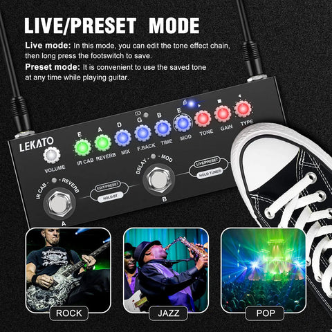 Image of Multi Effects Guitar Pedal With Nine Amp Models And Eight IR Cabinets showing live/preset mode instructions.