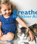 Young girl petting a cat on carpet with text 'Breathe Healthier Air,' promoting Washable Electrostatic Air Filter 16x25x1.