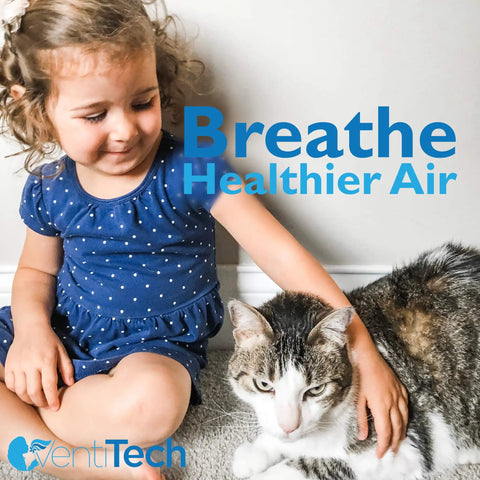 Young girl petting a cat on carpet with text 'Breathe Healthier Air,' promoting Washable Electrostatic Air Filter 16x25x1.