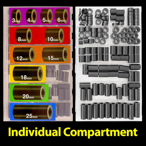 125 Piece Black Nylon Round Spacers Set For Screws And Hardware Non Threaded M6 Standoffs with labeled compartments
