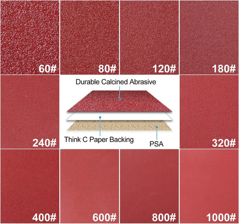 Pro Grade 6 Inch Sanding Discs Set, 100 Pieces With Ten Each Of 60 80 120 180 240 320 400 600 800 1000 Grit, multiple grits shown