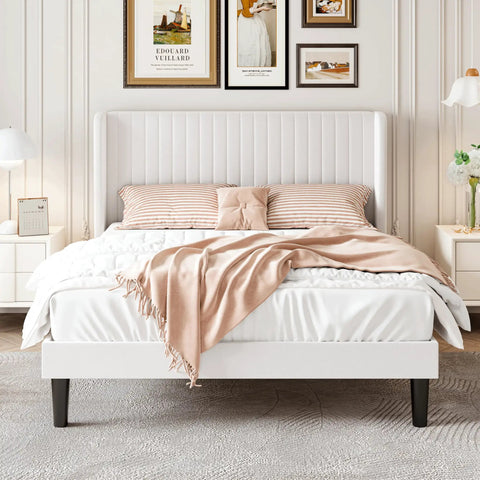 Top Notch Full Size Bed Frame With White Velvet Upholstery And Tufted Wingback Headboard Heavy Duty Steel Rails Solid Slats No Box Spring Needed Clean Bedroom Flex in stylish décor.