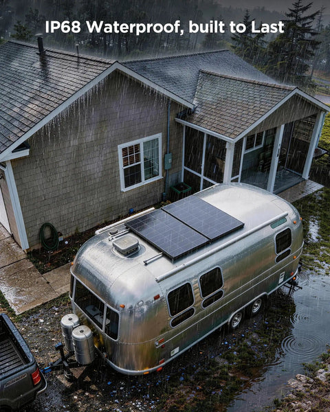 220W Two Panel Solar Starter Kit With 30A PWM Charge Controller on RV under rain, showcasing IP68 waterproof feature