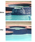 Before and after cleaning pool tiles with Pool Pumice Stone With EZ Clip Handle For Easy Cleaning On Concrete Plaster Tile And Spa Surfaces