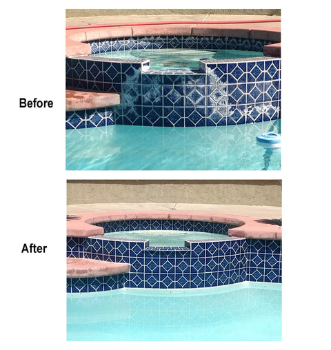 Before and after cleaning pool tiles with Pool Pumice Stone With EZ Clip Handle For Easy Cleaning On Concrete Plaster Tile And Spa Surfaces