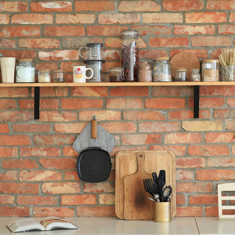 Quarter Inch Thick Heavy Duty Shelf Brackets 4 Pack For Rustic Farmhouse Floating Shelves Industrial Wall Mount With Screws And Anchors Built To Last And Supports Up To Sixty Six Pounds used on a kitchen shelf with jars and mugs