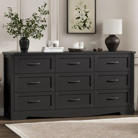 Slap Some Order On Your Room With This 63 Inch Wide Nine Drawer Bedroom Dresser Boasting Deep Storage Heavy Duty Handles Sleek Black Finish Modern TV Stand For Killer Organization