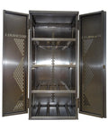 Heavy Duty Yellow Lp And Oxygen Gas Cylinder Cabinet Double Door OSHA Compliant FM Approved with open doors showing shelves.