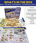 Totally Sweet Real Wood Stem Building Kit Featuring Legit Hydraulic Crane Gears Levers And Pulleys Tools With Challenge Guide Book For Killer Hands On Science Play Adventures Ages Eight Plus showing 158 pieces and instruction booklet.