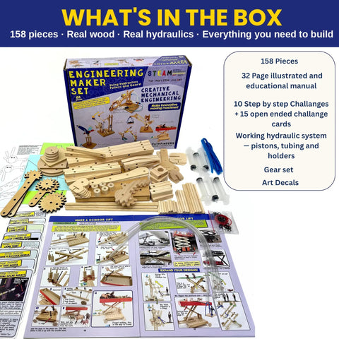 Totally Sweet Real Wood Stem Building Kit Featuring Legit Hydraulic Crane Gears Levers And Pulleys Tools With Challenge Guide Book For Killer Hands On Science Play Adventures Ages Eight Plus showing 158 pieces and instruction booklet.