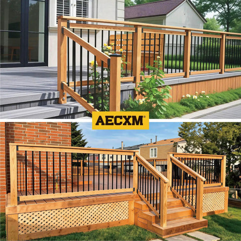 Rock Solid 35 Degree 201 Stainless Steel Deck Railing Connectors Fit 2 By 4 Lumber Black Powder Coated Heavy Duty Outdoor Stair Bracket Pair No Sweat Setup Corrosion Resistant Deck Hardware on wooden deck with black spindles.