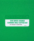 Greenlee 648 Quick Change Carbide Hole Saw Set For 1/2 To 2 Inch Conduit, green carrying case with label.